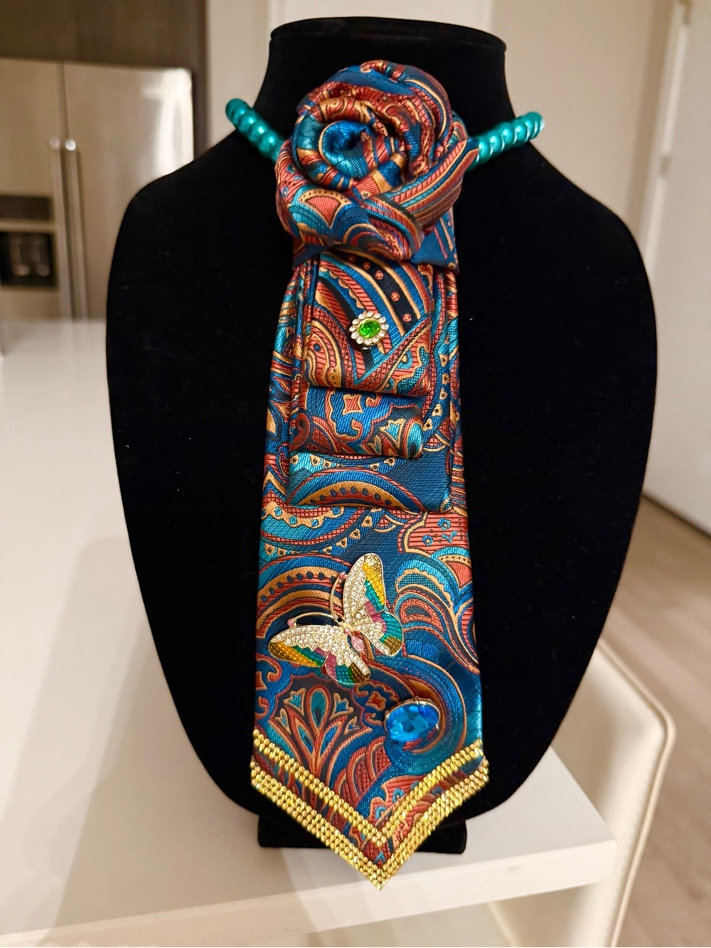 Embellished Multi-Colored Paisley TIE NECKLACE w Rhinestone Butterfly Accent
